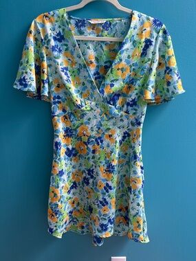 Stradivarius Floral Mini Dress in Blue, Yellow & Green